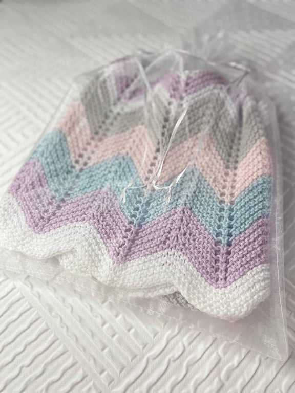 Pastels and white striped baby blanket, hand knitted in 100% cotton 