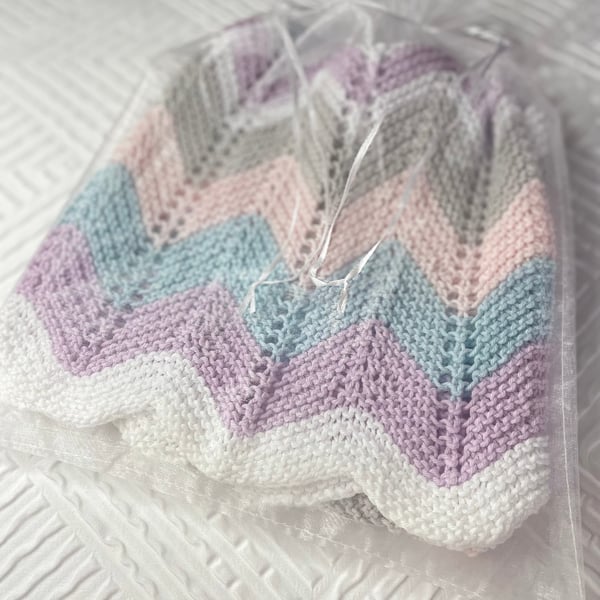 Pastels and white striped baby blanket, hand knitted in 100% cotton 