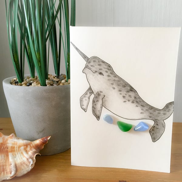 Cornish sea glass ‘Narwhal’ hand drawn  card