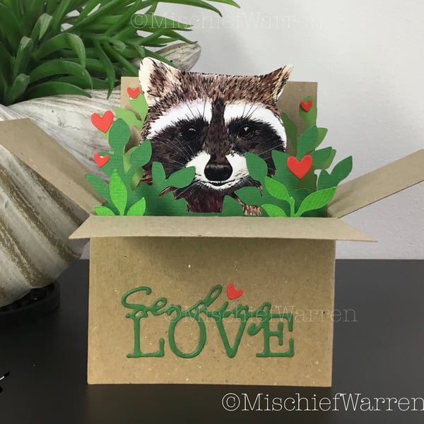 Raccoon Sending Love Card. 3D box card. Gift card holder.