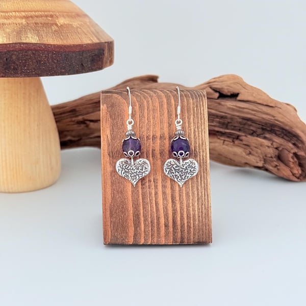 Silver and Amethyst Heart Earrings
