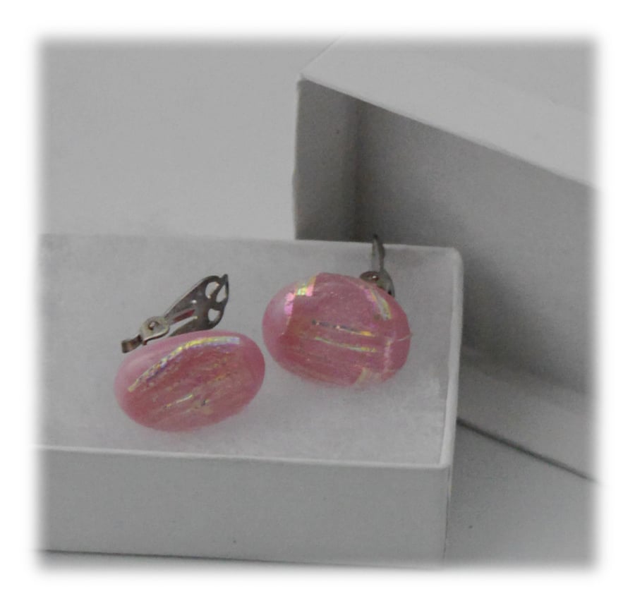 Handmade Fused Clipon Dichroic Glass Earrings 071 Pretty Pink