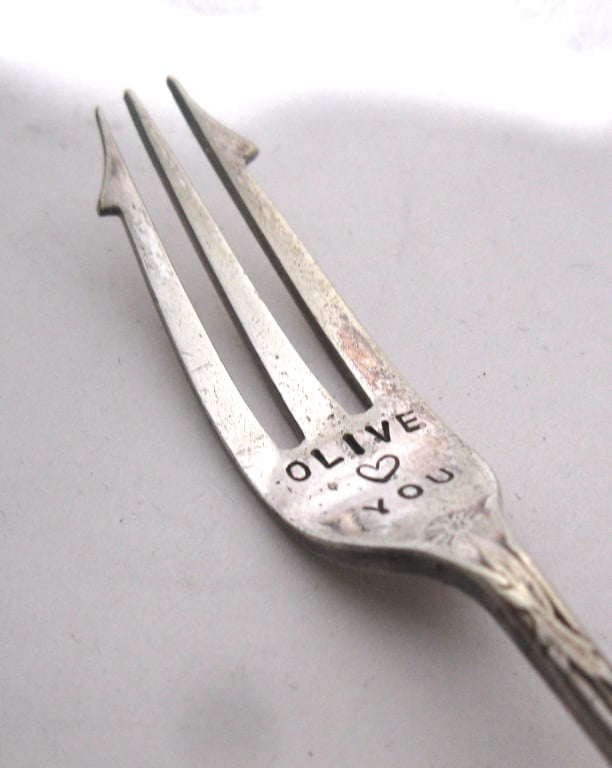 Handstamped antique pickle fork, Olive You