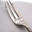 Handstamped antique pickle fork, Olive You