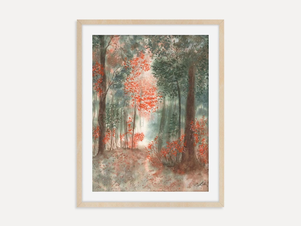 Autumn Forest Art Print, Fall Woodland Wall Art, Golden Forest Landscape Poster