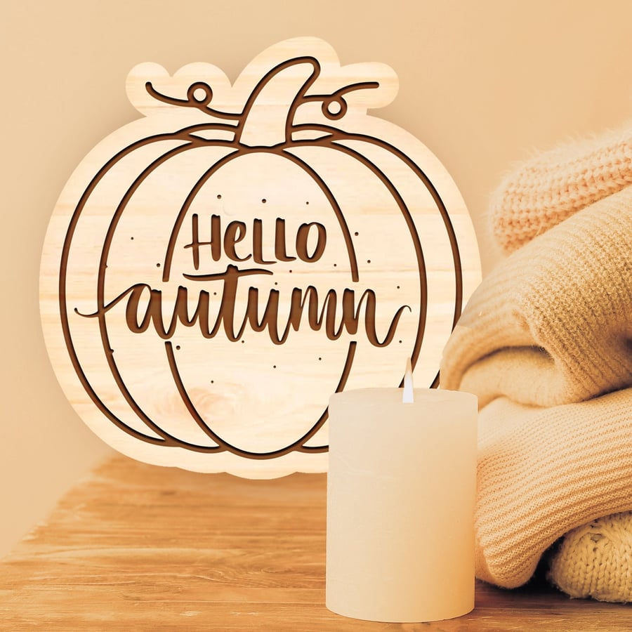 Hello Autumn Wooden Pumpkin PlaqueSign For Fall Cosy Aesthetic, Autumnal Vibe
