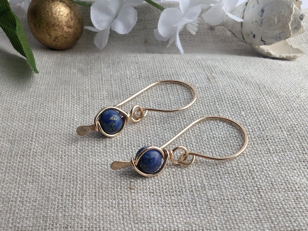 LAPIS LAZULI Earrings 14K Gold Filled, Wire Wrapped September Birthstone