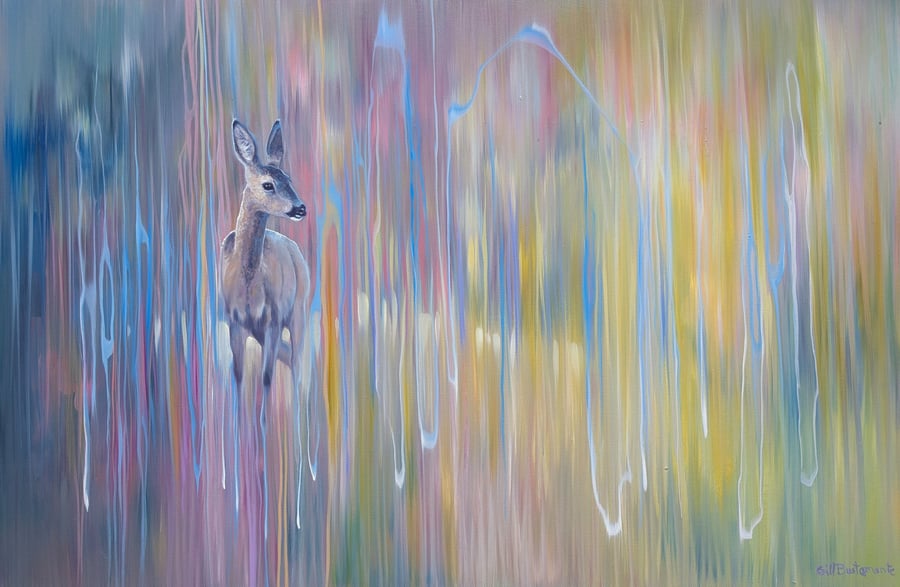 Looking Beyond is a vibrantly coloured semi abstract deer painting