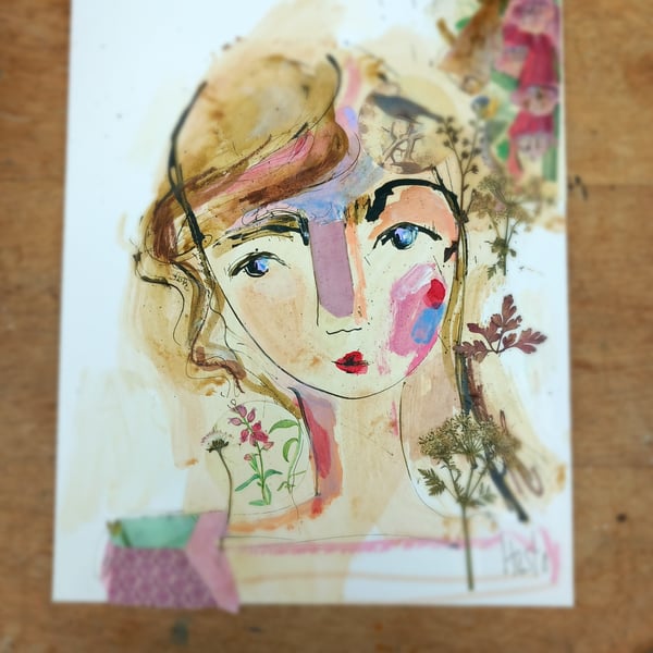 original fine ink drawings and collage.  'Nettie pinkstring'