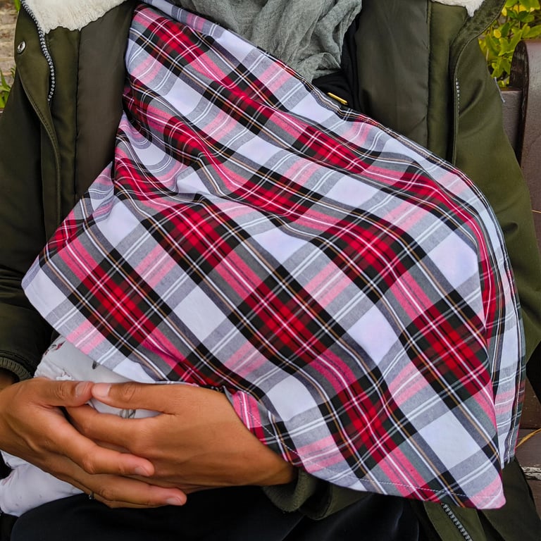 Red & White Tartan 100% Cotton Clip-On Seasonal Breastfeeding Cover & Comforter