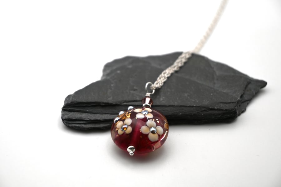 lampwork glass cranberry and gold glitter flower pendant necklace