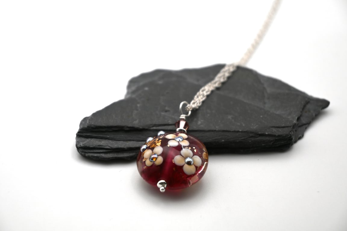 lampwork glass cranberry and gold glitter flower pendant necklace