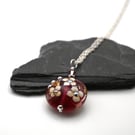 lampwork glass cranberry and gold glitter flower pendant necklace