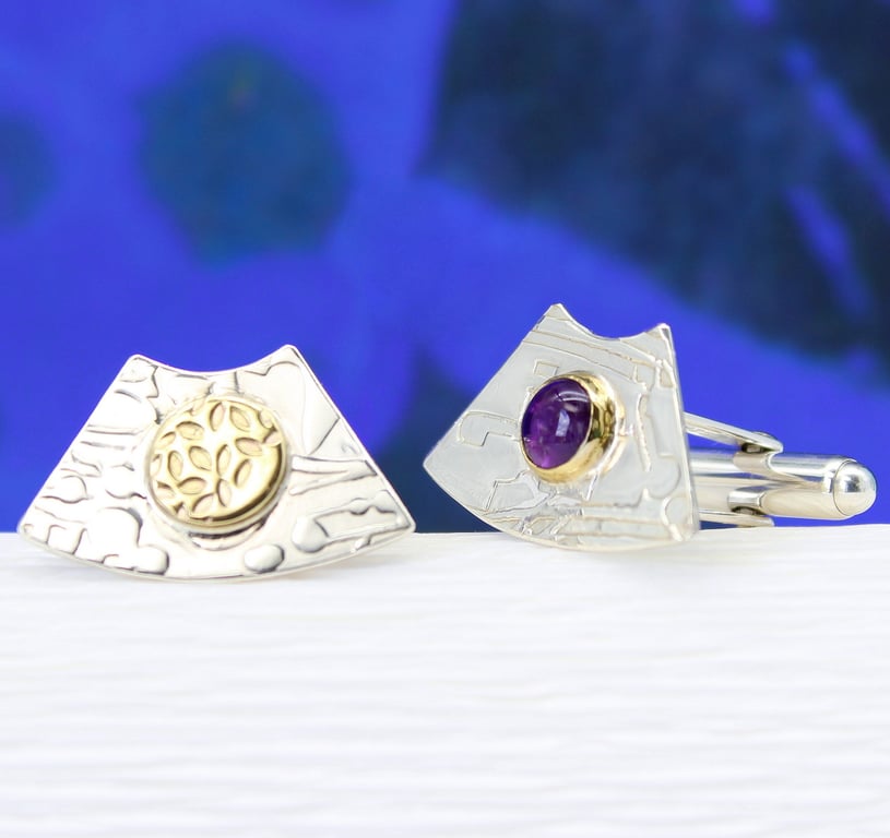 Amethyst cufflinks, silver cufflinks, handmade, gemstone, unusual shape