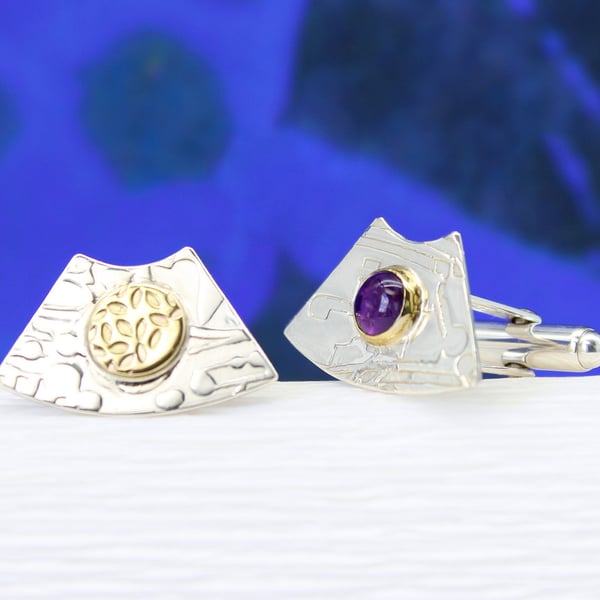 Amethyst cufflinks, silver cufflinks, handmade, gemstone, unusual shape