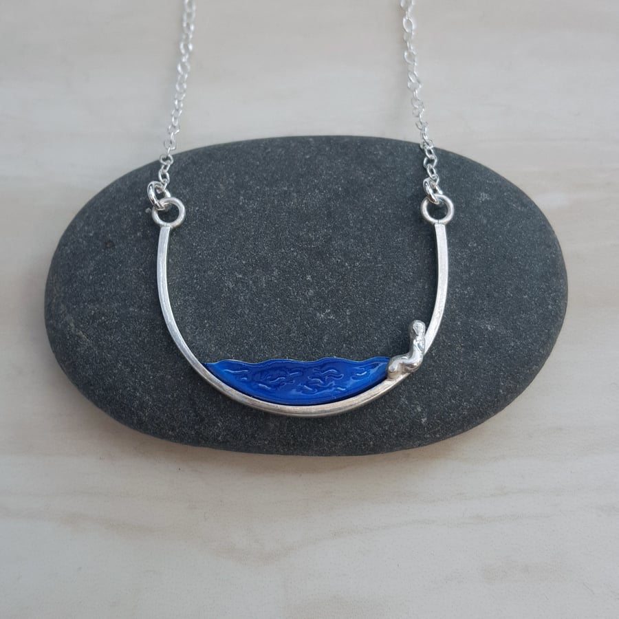 Silver & enamel necklace, wire necklace, unique jewellery, enamel pendant