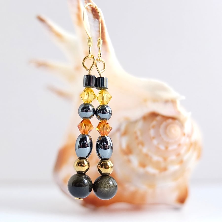 Golden Obsidian, Hematite and Swarovski "Topaz" Crystal Earrings