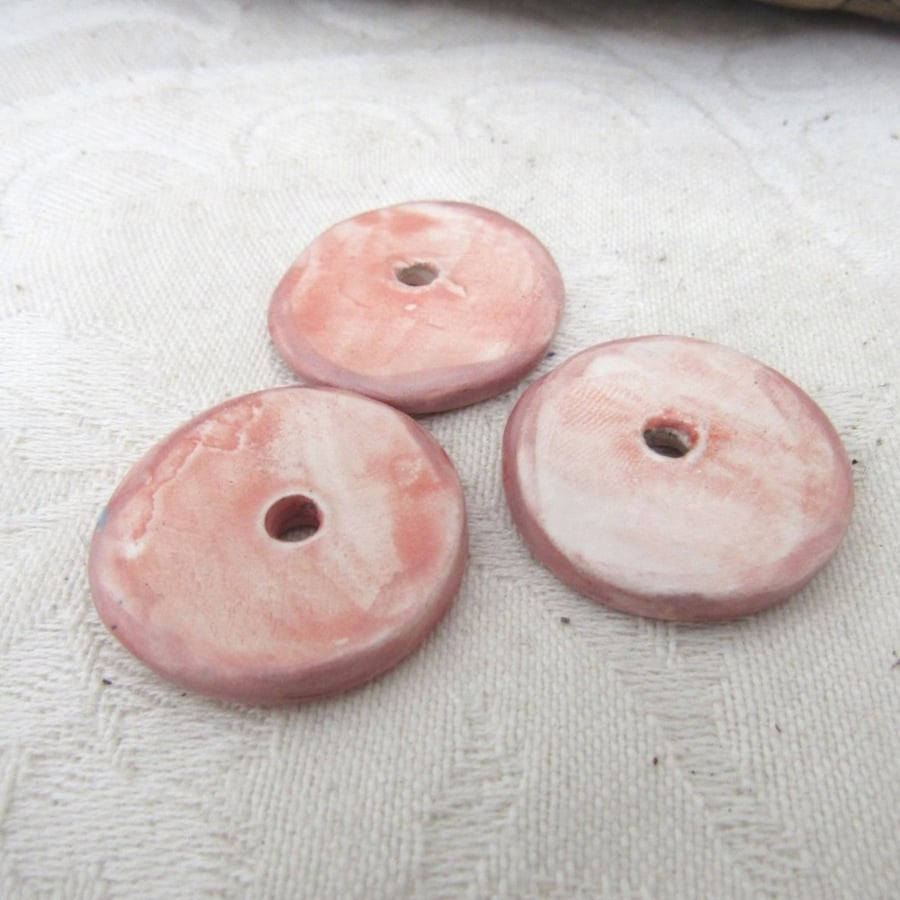 3 Extra-Large Light Pink and Dark Pink Glazed Ceramic Disc Beads