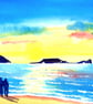 Morning Walk, Worms Head, Rhossili Bay, Gower, Watercolour Print in 9 x 7  Mount - Image 2