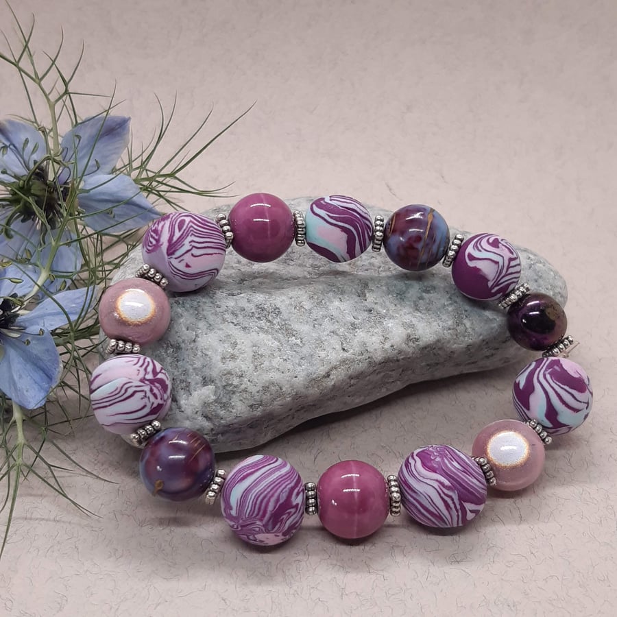 Pretty pink and lilac polymer clay bracelet 