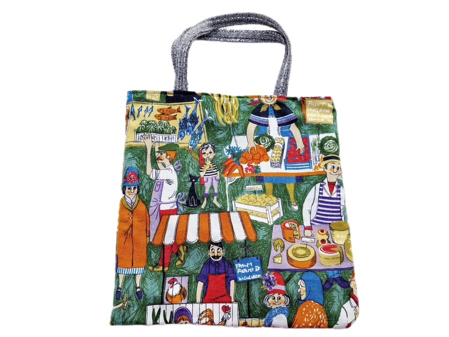 Vintage 1950s Marie Becker "Bon Marché" Moygashel fabric print shoulder tote ba