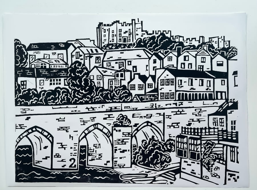 Lino Print of County Durham A3 Size - A View of Elvet Bridge and Durham Castle.
