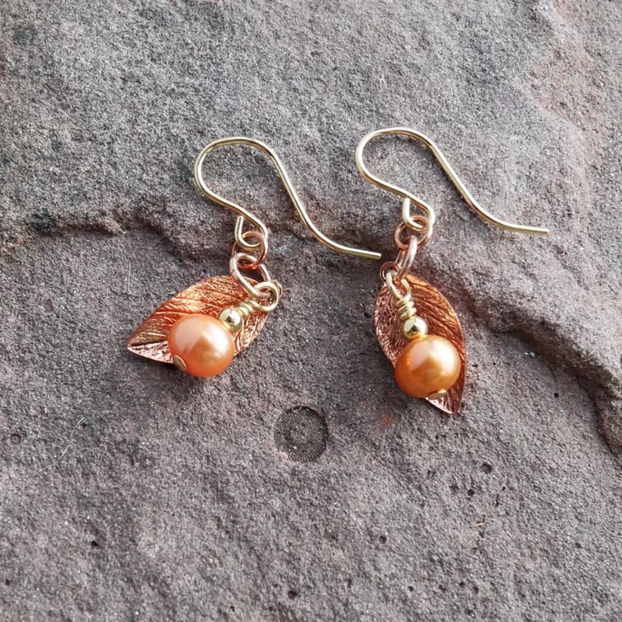 Earrings with Copper Leaf Charm and Small Orange Pearl - 14k Gold Filled Hooks