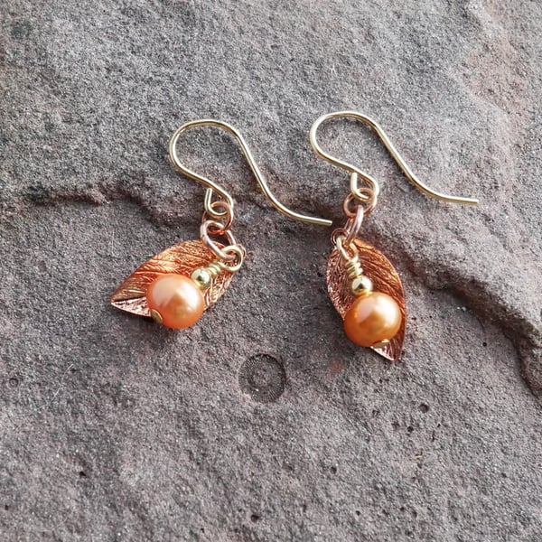 Earrings with Copper Leaf Charm and Small Orange Pearl - 14k Gold Filled Hooks