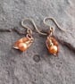 Earrings with Copper Leaf Charm and Small Orange Pearl - 14k Gold Filled Hooks