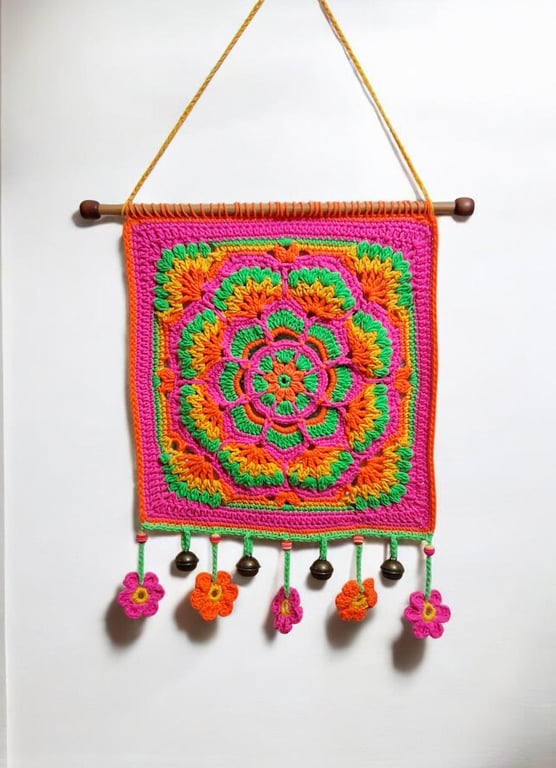 colourful crochet square mandala flower beaded wall hanging