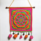 colourful crochet square mandala flower beaded wall hanging
