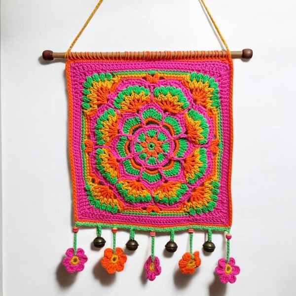 colourful crochet square mandala flower beaded wall hanging