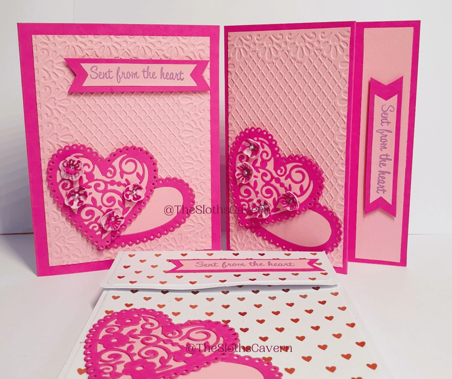 "Sent From The Heart" Greeting Card or Gift Card Holder & box: fuchsia-pink 