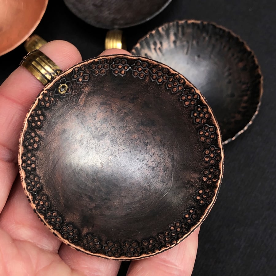 Oxidised copper bowl with stamped pattern and brass handle, 7th wedding annivers