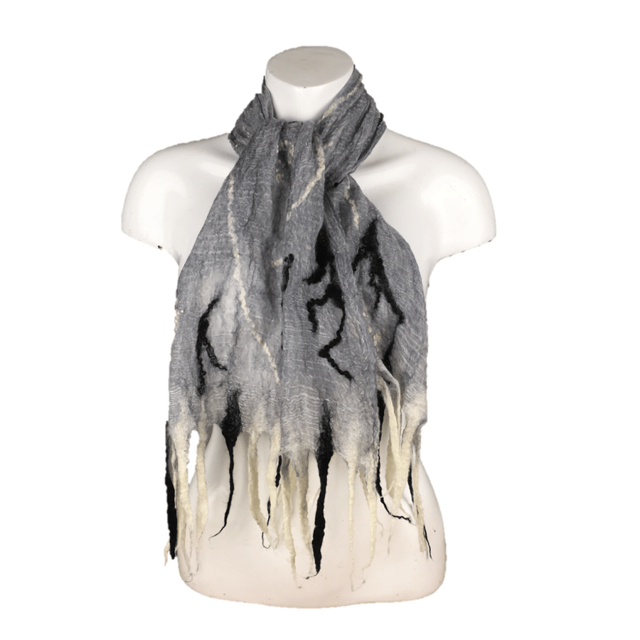Black and white, monochrome, lightweight nuno felted scarf