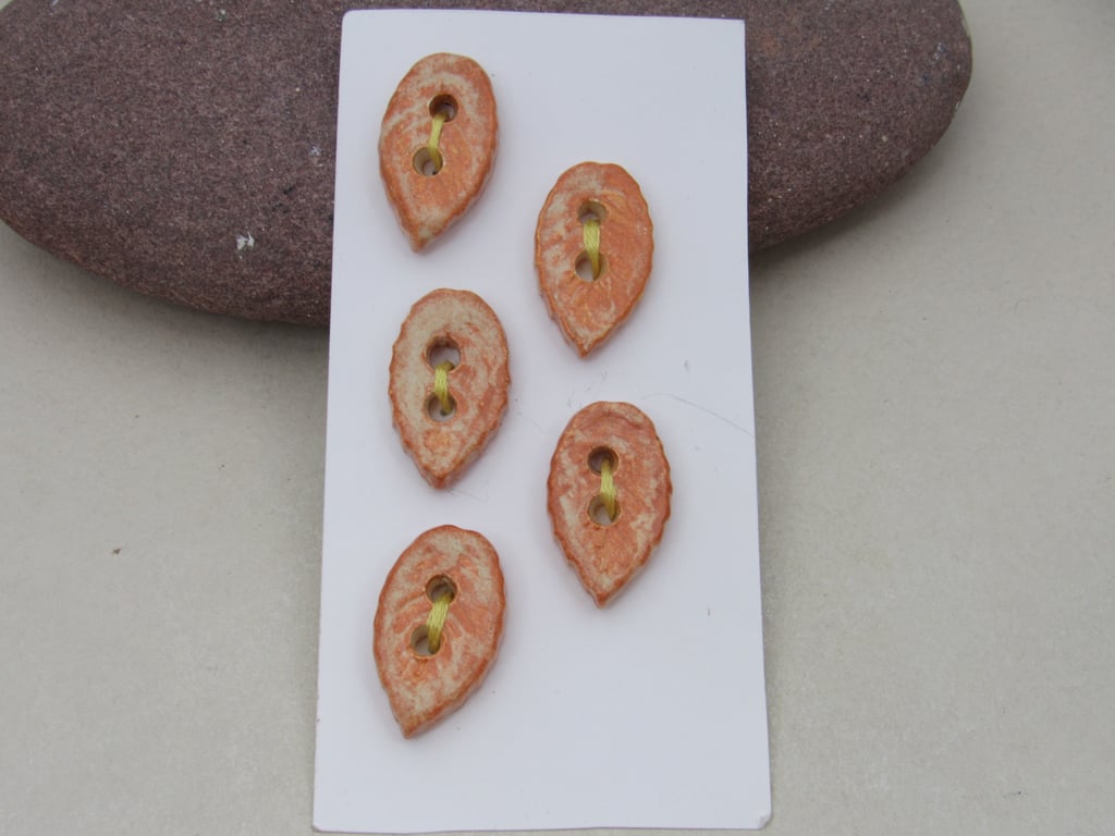 5 Small Leaf Shaped Terracotta Glazed Ceramic Buttons