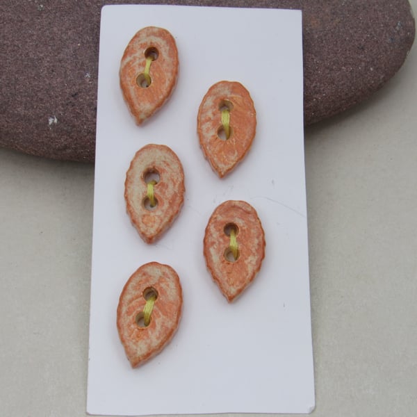 5 Small Leaf Shaped Terracotta Glazed Ceramic Buttons
