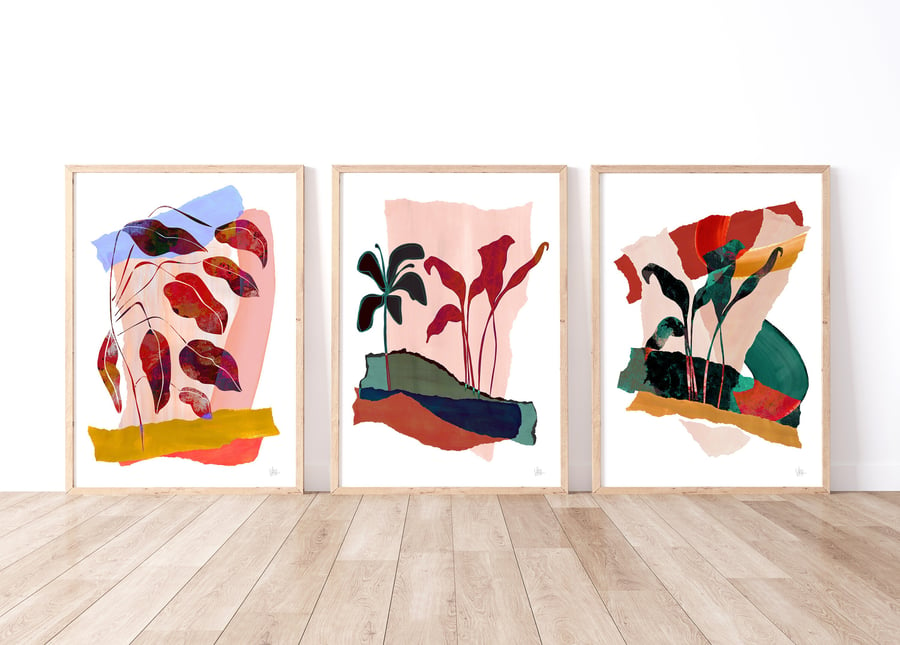 Colourful Botanical Collage Set of 3 Prints