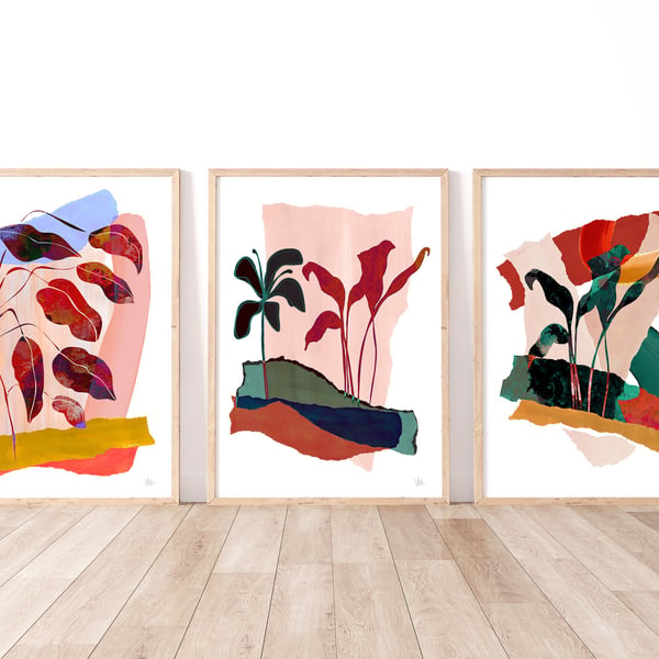 Colourful Botanical Collage Set of 3 Prints