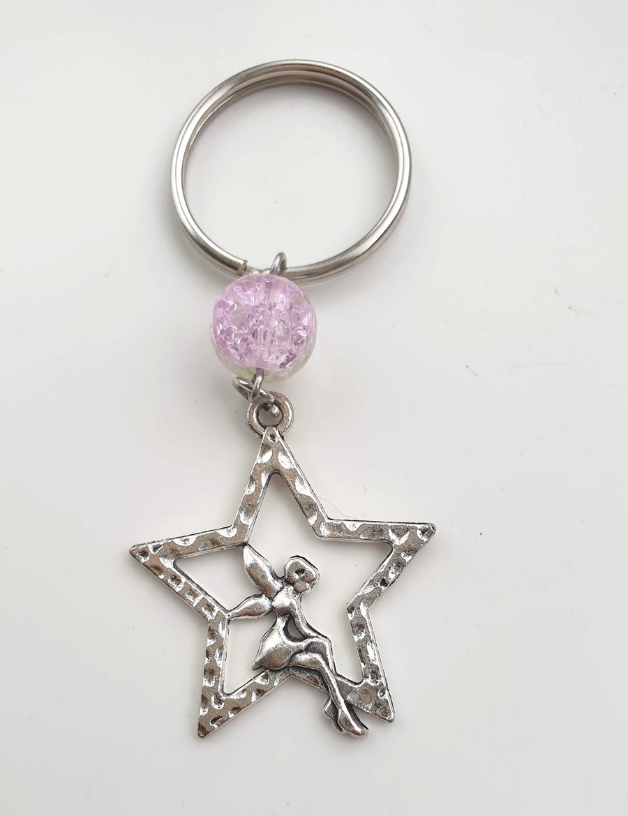 Keyring with Two-tone Crackle Glass Bead and Fairy Charm