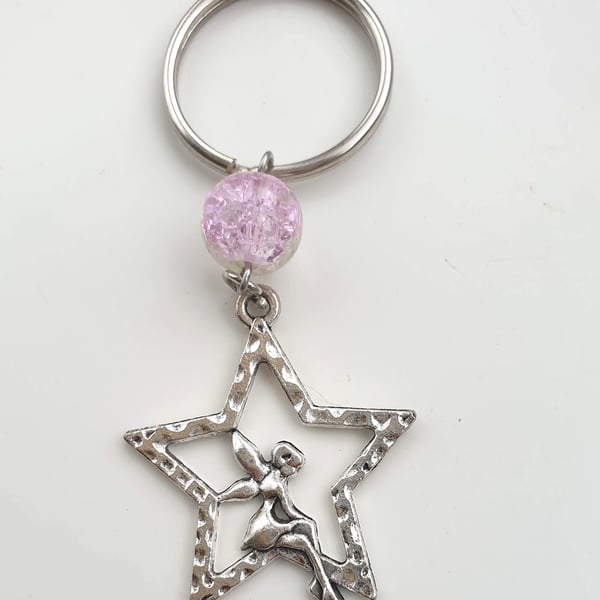 Keyring with Two-tone Crackle Glass Bead and Fairy Charm