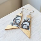 Gothic Skull Earrings – Wooden Teardrop Dangles with Shiny Golden Finish