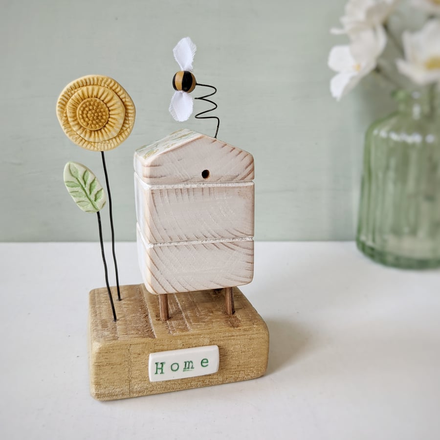 Wooden Beehive With Clay Flowers and Bee 'Home'