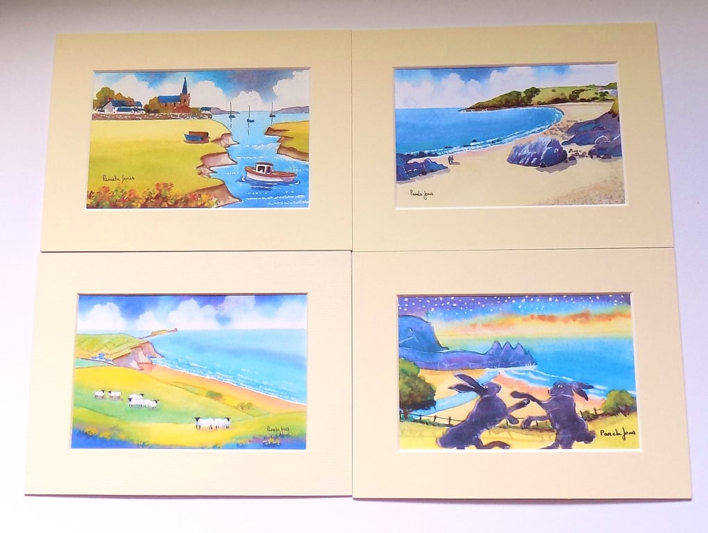 Prints Of Gower, South Wales  -  Set of 4, Watercolour Prints, in 8 x 6 Mounts