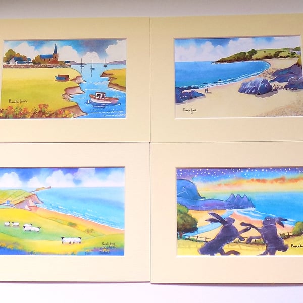Prints Of Gower, South Wales  -  Set of 4, Watercolour Prints, in 8 x 6 Mounts