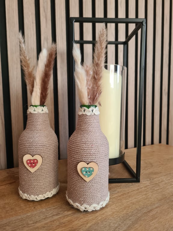 Set Of 2 Neutral Rope Wrapped Bottles-Heart Detail-Rustic Home Decor