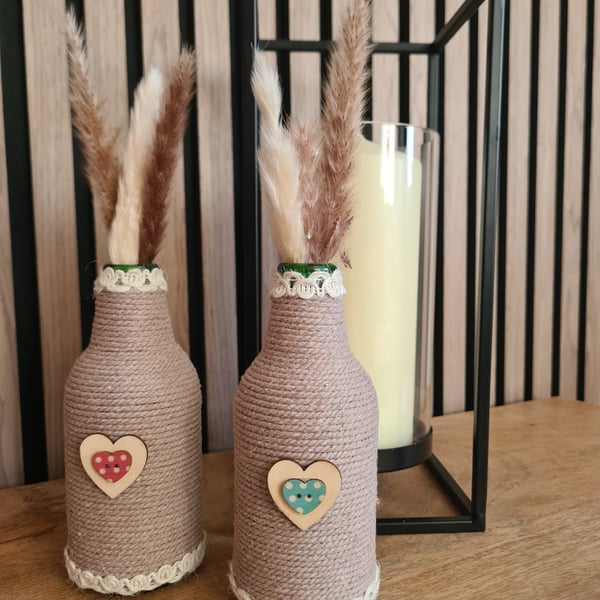 Set Of 2 Neutral Rope Wrapped Bottles-Heart Detail-Rustic Home Decor