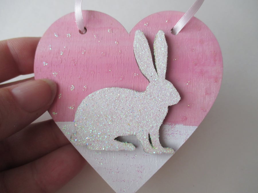 Christmas Decoration Bunny Rabbit Hanging Heart Snow Bunny White Pink 