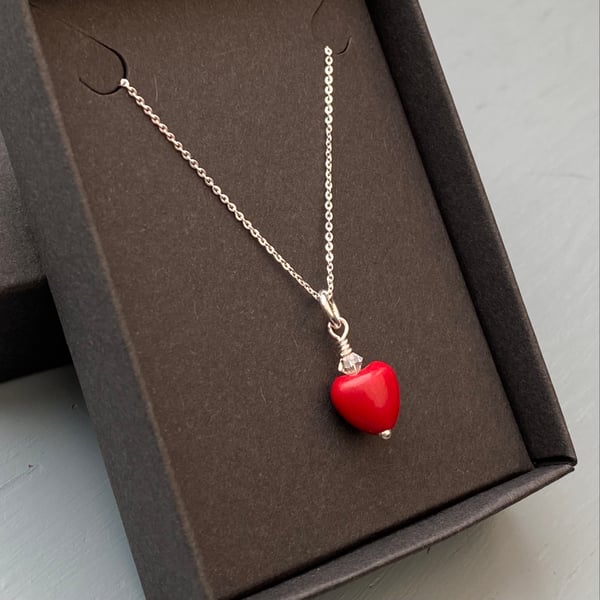 Red Howlite heart & sterling silver pendant or necklace 