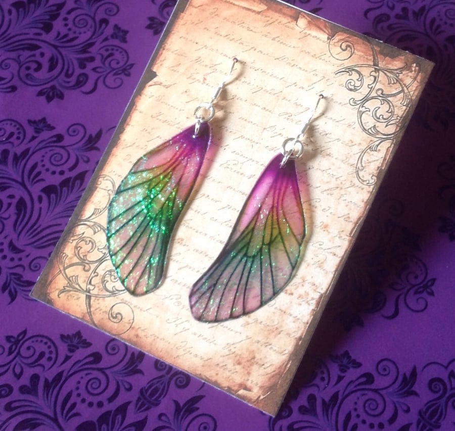 Purple Iridescent Medium Mackintosh Style Fairy Wing Sterling Silver Earrings